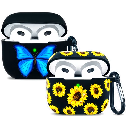 YOMPLOW Silicone Airpods 3 Case 2021, YOMPLOW Case Cover for Apple Airpods 3rd Generation Floral Print Soft Flexible Cover for Air Pod 3 Women Girls, Skin with Keychain - 2Pack, Sunflower+Butterfly