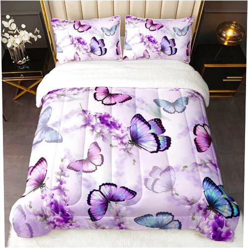 XYNHML Purple Lavender Butterfly Sherpa Fleece Comforter Set Full for Girl Kid Adult Colorful Butterfly Pattern Fluffy Sherpa Bedding Set Aesthetics Butterflies Quilt Bed Set with 2 Pillowcases