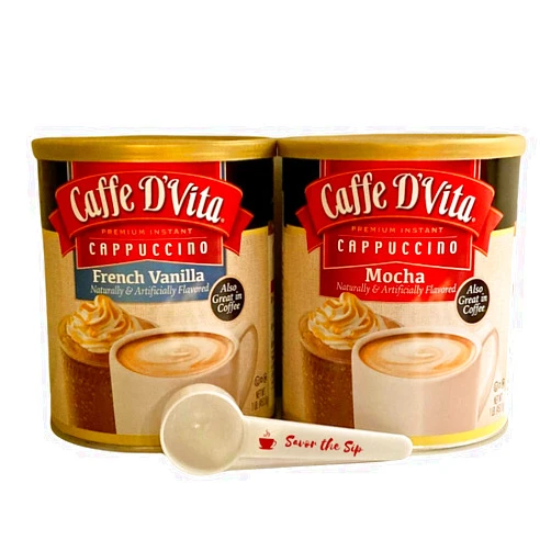 SONSHINE MINERALS Caffe D'Vita Mocha Cappuccino Mix and Caffe D'Vita French Vanilla Cappuccino Mix Variety Pack - Premium Instant Cappuccino Mix 16 oz Cans - including a Sonshine Minerals Savor the Sip Plastic Coffee Measuring Scoop, Gluten Free, No Hydrogenated Oils, 99% Caffeine Free