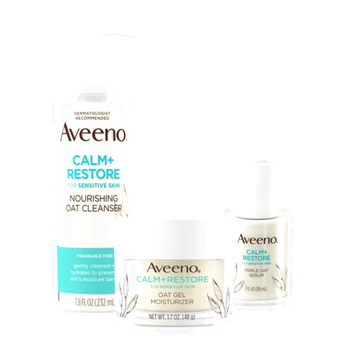 Aveeno Calm + Restore Nourishing Oat Cleanser 7.8oz with Restore Triple Oat Serum 1oz and Restore Oat Gel Moisturizer 1.7oz Nourishing Oat Cleanser w/ Restore Triple Oat Serum 1oz and Restore Oat Gel Moisturizer 1.7oz