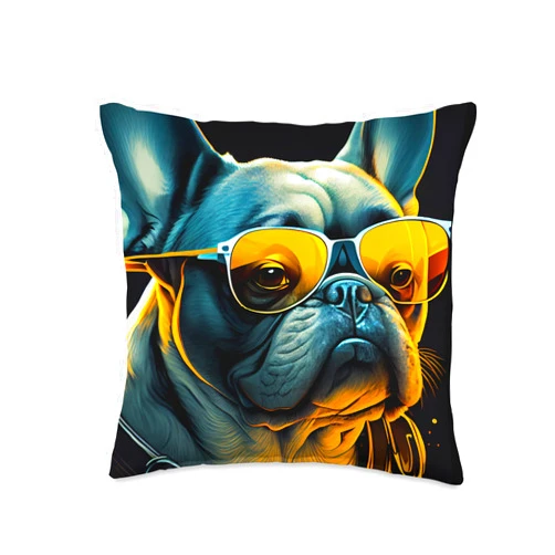 Funny and Cute Dog Lover Unique Digital Art Cute Adorable French Bulldogs with Sunglasses Digital Art Throw Pillow, 16x16, Multicolor