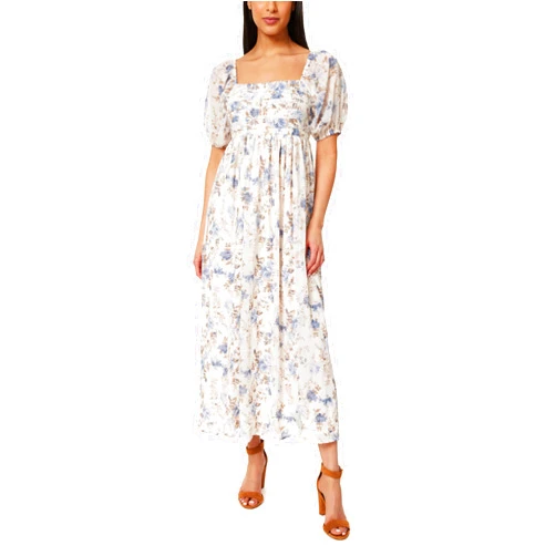 WallFlower Women's Eliza Pleated Bodice Puff Sleeve Chiffon Maxi Dress
