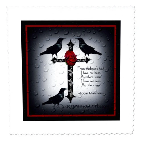 3dRose A black gothic cross with designs and ravens - Quilt Square, 10 by 10-inch (qs_165355_1)