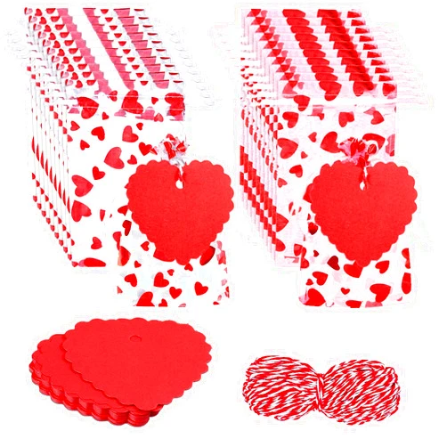 Ausejopeac 50 Pieces Valentine's Day Heart Candy Bags Love Organza Jewelry Pouches and 50 Pieces Kraft Paper Tags for Valentine's Day, Jewelry Packaging, Wedding Party, 8 x 10 cm