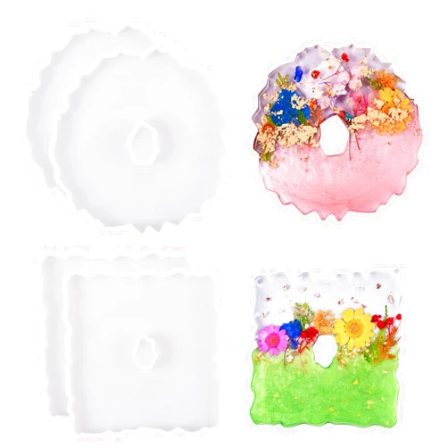 Boutigem 4Pcs Coaster Molds for Resin Casting, Round Square Shape Coaster Silicone Molds for Epoxy Resin, Epoxy Resin Molds for DIY Resin Coasters, Bowl mats, Cups Mats Making and Home Decoration