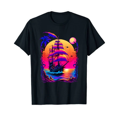 80s Retrowave Synthwave Style Colorful Pirate Ship Synthwave Retrowave Pirate Ship Colorful Graphic T-Shirt