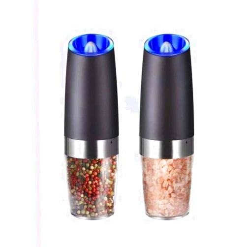 Generic Gravity Pepper and Salt grinder set, adjustable coarseness,battery powered, and LED lights one hand automatic operation,stainless steel black,2 Pack