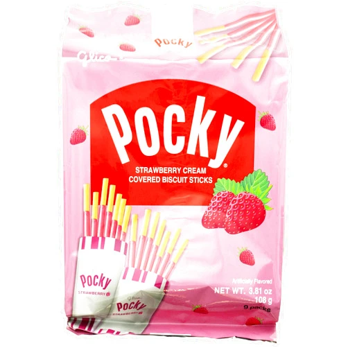 Pocky Glico Pocky, Strawberry Cream Covered Biscuit Sticks, 9 Individual Packs, 3.81 Ounce Bag - 5 Count Display Box