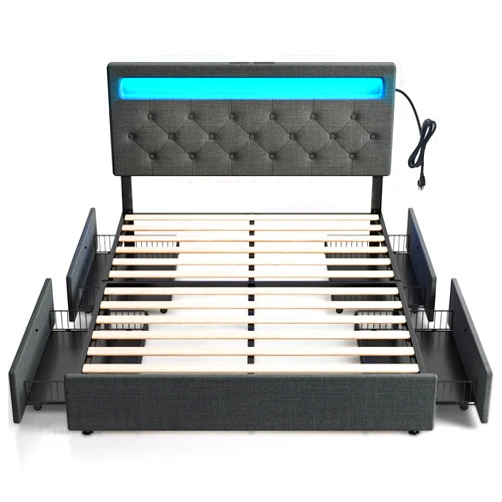 Rolanstar Full Size Bed Frame with Charging Station and LED Lights, Upholstered Bed with Adjustable Headboard and 4 Storage Drawers, No Box Spring Needed, Easy Assembly, Dark Grey