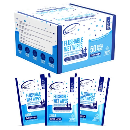 Air Jungles Flushable Wipes Individually Wrapped 50 Ct, On-the-Go Butt Wipe with Aloe Vera & Vitamin E, Travel Size Ultra Soft for Adult and Kid, 97% Water - XL 7 X 7 in, Fresh Scent