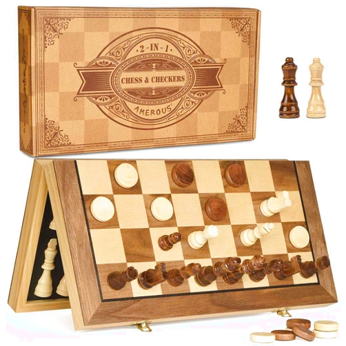 AMEROUS 15'' Magnetic Wooden Chess & Checkers Game Set -2 Extra Queens -24 Cherkers Pieces - Chessmen Storage Slots, Beginner Chess Set for Kids and Adults, Classic 2 in 1 Board Games