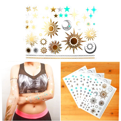 COKOHAPPY 5 Sheets Metallic Temporary Tattoo 150+ Universal Sun Moon Star Gold Silver Shine Beach Armband