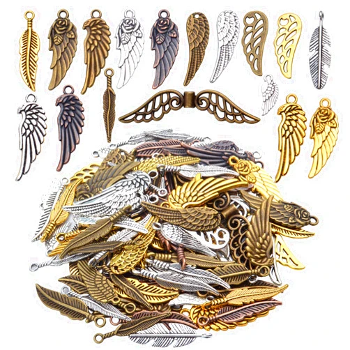Aylifu 100 Pieces Mixed Colors alloy Angel Feather Wings Charms Pendants Jewelry Findings for DIY Necklace Bracelet