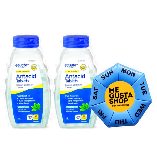 DDUYIE Extra Strength Antacid Chewable Wintergreen Tablets Equate, 750 mg, 96 Ct (Pack of 02) Total 192 Tablets Bundle with ME GUSTAS Sticker
