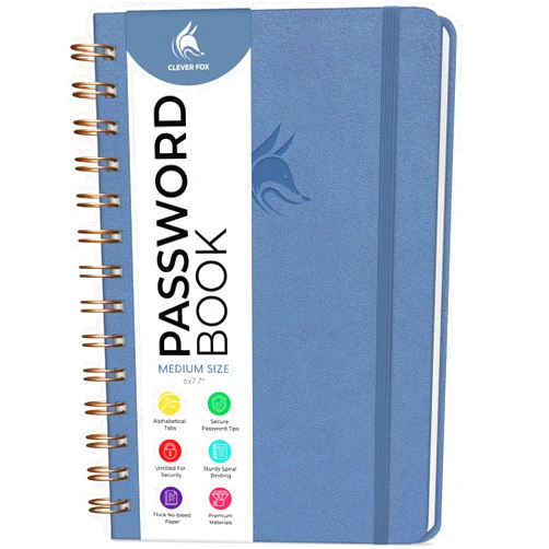 Clever Fox Password Book Spiral – Internet Address & Password Organizer with Laminated Alphabetical Tabs – Password Keeper Journal – Hardcover, Medium Size, 6.1x7.7” (Smoke Blue)