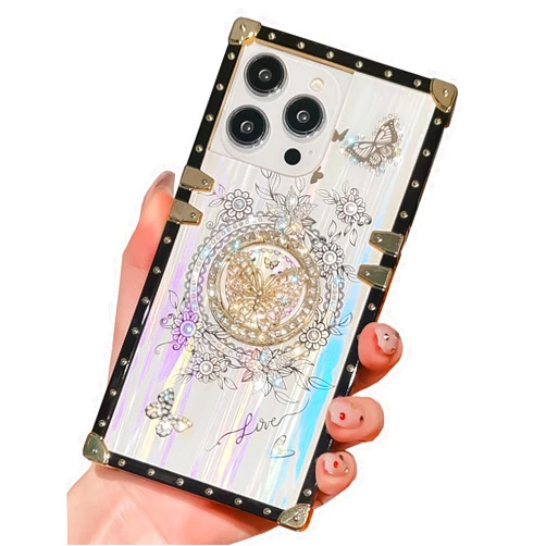 HALATUA Luxury Girly Compatible with iPhone 13 Pro Max Square Case Designed with Diamond Butterfly Stand Kickstand, Sparkle Mother Shell Pearl Texture Plating Flowers for Women & Girls(White)