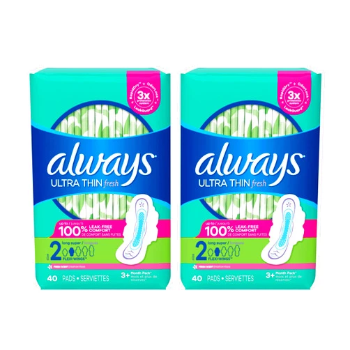 Always Ultra Thin Pads Size 2 Super Long Absorbency Scented with Wings, 40 Count, Packaging may vary
