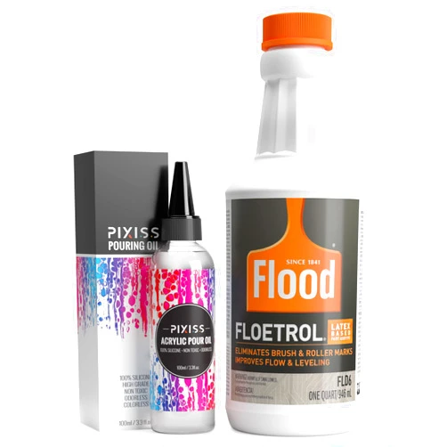 GrandProducts Art Bundles Floetrol Pouring Medium for Acrylic Paint - Flood Floetrol Additive and Pixiss Acrylic Pouring Oil - Perfect Flow 100% Pure High Grade Silicone (100ml/3.3-Ounce)