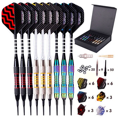 Turnart Darts Plastic Tip - Professional Soft Tip Darts Set for Electronic Dartboard 9 Pcs 18 Grams with 50 Extra Tips 9 Shafts 27 Flights Tool Kit Flight Protectors and Gift Darts Case