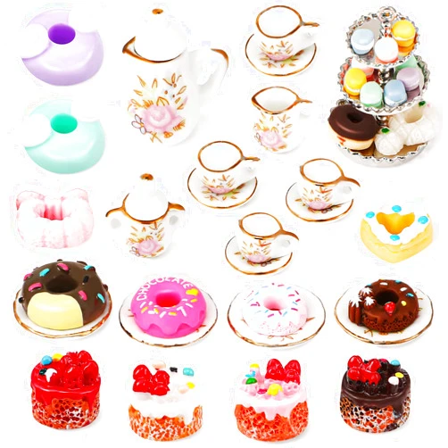 CHENGU 40 Pcs 1:12 Scale Dollhouse Miniature Kitchen Accessories Set Includes 15 Flower Pattern Porcelain Tea Cup 24 Mixed Pretend Cake Foods 1 Mini Three-Tier Cake Stand for Decor Supply (Fresh Style)