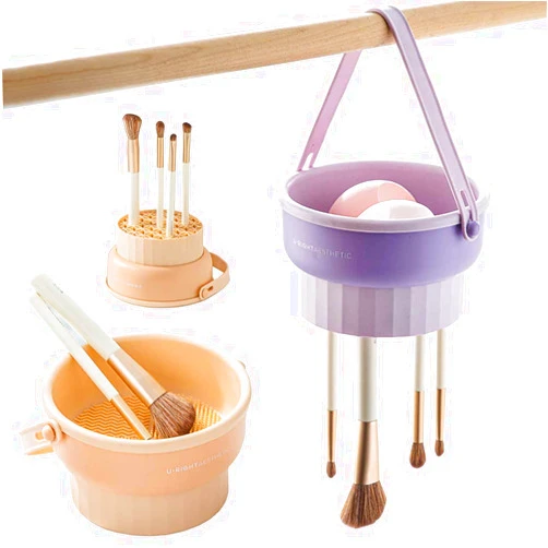 SAYOBO 3-in-1 Makeup Brush Cleaner Mat with Drying Rack and Organizer - Foldable Silicone Cleaning Mat with Lanyard for Brushes, Sponges, and Puffs - Travel-Friendly Cosmetic Tool Washer (Purple)