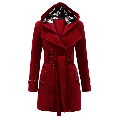 Meoguillat Winter Trench Coat Women Lapel Double Breasted Wool Blend Pea Coats Fashion Plaid Hooded Long Jacket with Belted