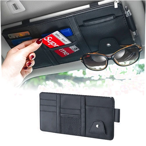 Yonput 1 Piece Car Sun Visor Organizer, Leather Zipper Visor Storage Bag, 11.4In x 5.9In Multifunctional Pocket Business Card Holder, Universal for Men Women Car Interior Receiving (Black)