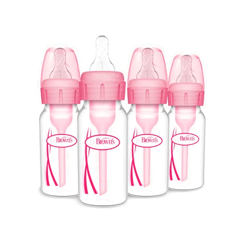 Dr. Brown's Natural Flow Anti-Colic Options+ Narrow Baby Bottle, 4 oz/120 mL, with Level 1 Slow Flow Nipple, Pink, 0m+, 4 Pack