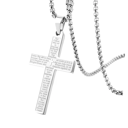 HZMAN Stainless Steel Mens Womens Cross Necklace Lord's Prayer Pendant, 4 Colors Available