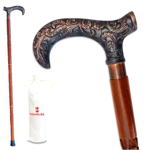 Vensure Vintage Walking Cane Wooden Walking Stick with Handcrafted Floral Copper Antique Finish Handle – Brown Curved Wood Stick – Stylish, Fancy Cane for Men, Women & Senior