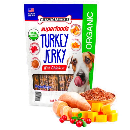 Chewmasters Organic Superfoods Turkey Jerky Dog Treats with Chicken, 2 Pound Bag, USDA Premium Organic Turkey, Made in The USA, by-Product Free, Real Meat Dog Treat, All Life Stages