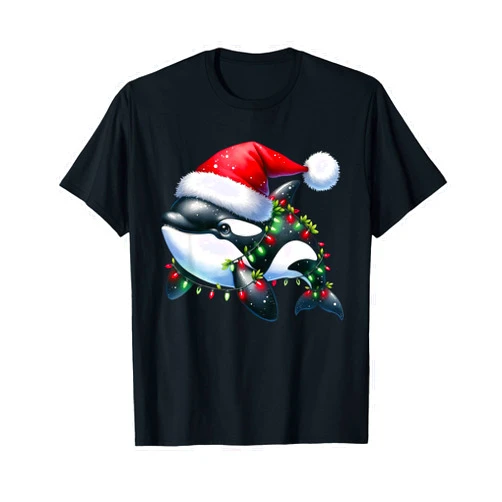 Funny Santa Hat & Christmas Lights Xmas Gifts Santa Orca Killer Whale for Boys Girls Christmas Tree Lights T-Shirt