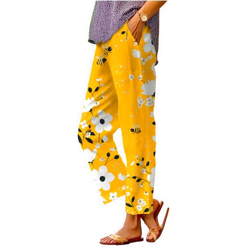 DMOYALA Summer Linen Pants for Women Wide Leg Boho Pants Loose Palazzo Pants Floral Pants with Drawstring and Pockets