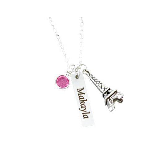 Madie's Charms Eiffel Tower Necklace - Personalized - Paris Jewelry - Name Bar - Engraved Charm - Silver - Girls Gifts - Custom - Birthstone - Unique