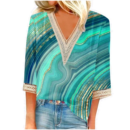 SMIDOW Women's 3/4 Length Sleeve Tops Lace Trim V-Neck Summer Trendy Shirts Blouse Vintage Floral Printed Draped Blouses