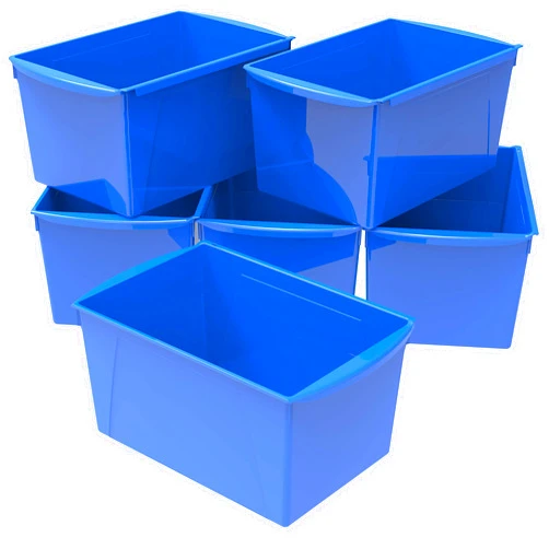Storex Extra-Large Book Bin, Interlocking Plastic Organizer for Home, Office and Classroom, Blue, (71135U06C) (Pack of 6)
