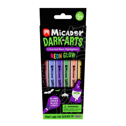 Micador Dark Arts Neon Glow Scented Highlighters, 6-Color Set - Kids Coloring + drawing with highly vibrant neon colors - Glows under blacklight - Ages 5+