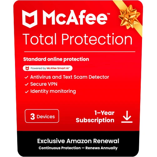McAfee Total Protection 3-Device 2025 Ready |Security Software Includes Antivirus, Secure VPN, Password Manager, Identity Monitoring | 1 Year Subscription with Auto Renewal