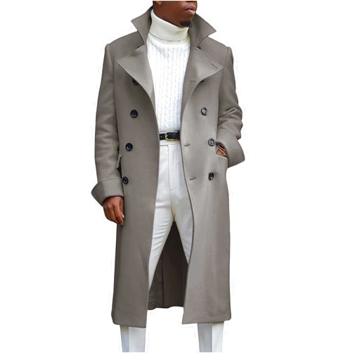 Ebifin Men's Notch Lapel Double Breasted Long Trench Coat Casual Cotton Blend Peacoat