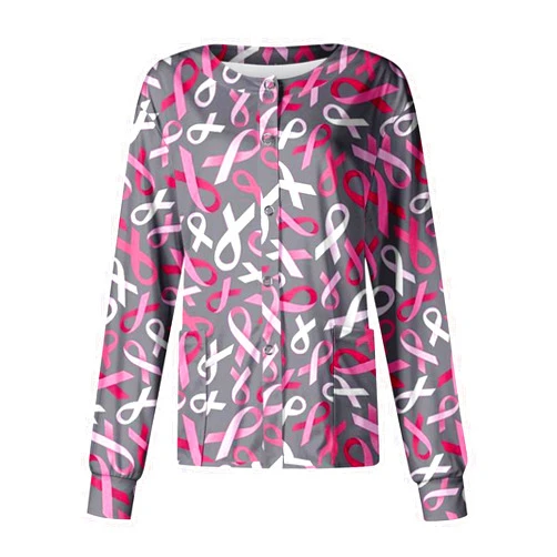Aryapyper Breast Cancer Scrub Jacket for Women Long Sleeve Button Down Crewneck Scrub Tops Plus Size S-5XL