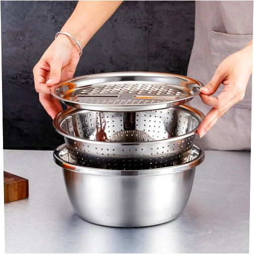Slowtee 3 in 1 Stainless Steel Grater Shredder Slicer with Colander Drain Basin Bowl for Vegetables Fruits Salad as Washing Basket in Kitchen