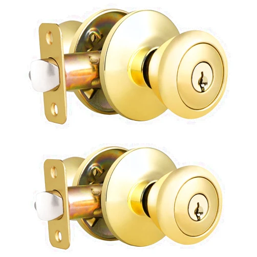 Brotima 2 Pack Keyed Entry Door Knob, Exterior/Interior Tulip Style Knobs with Lock and Same Key, Polished Brass Reversible Lockset for Bedroom, Bathroom, Front Door