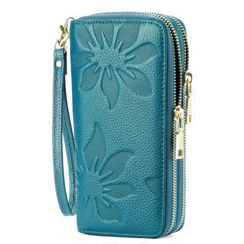 GOIACII Women's Wallet Large Capacity Double Zip Ladies Card Phone Holder RFID Blocking Wristlet Leather