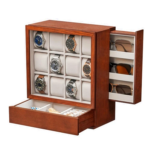 SONGMICS 12-Slot Wooden Watch Box, Watch Display Case with Window, Watch Display Cabinet with Solid Wood Veneer, Velvet Lining, Vertical Storage, Space Saving, Gift Idea, Coffee Brown UJOW014K01