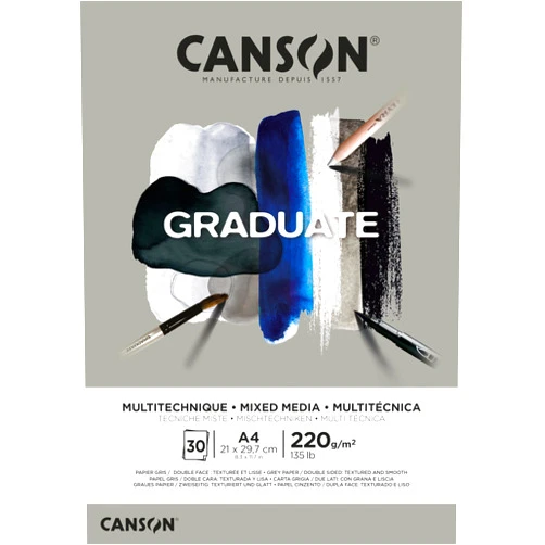 Canson Graduate Mixed Media 200gsm A4 Paper, Double Sided: Grained And Smooth, Pad Glued Short Side, 30 Grey Sheets, Ideal for Student Artists