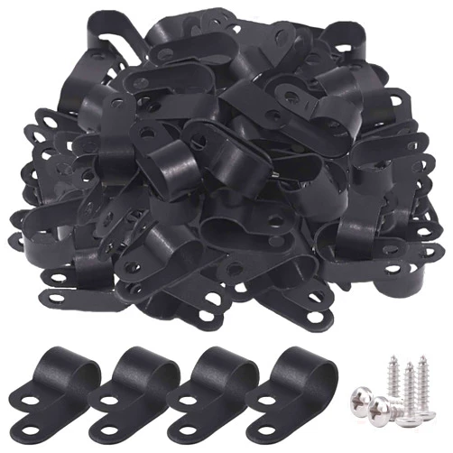 Glarks 120Pcs 1/2 Inch Black Nylon Screw Mounting R-Type Cable Clip Wire Clamp with 120Pcs Screws for Wire, Cable, Conduit and Cable Conduit Kit (Black)