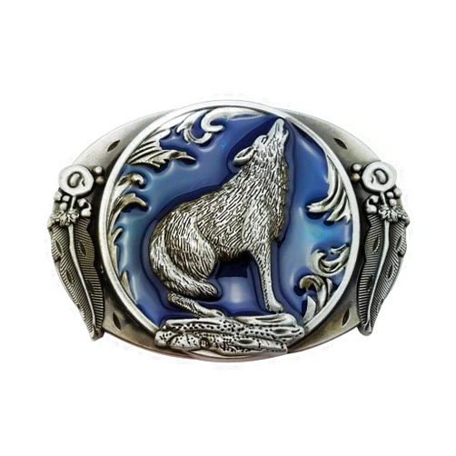 LAXPICOL Fashion Vintage Retro Wolf Belt Buckle For Men Western Cowboy Blue Enamel Grey Tone