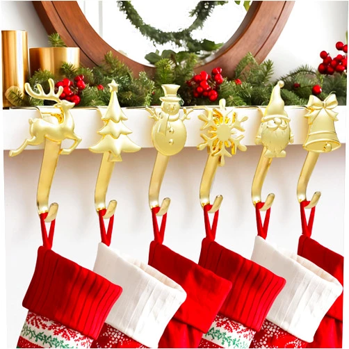 Luke Decor Gold Christmas Stocking Holders - Set of 6, hooks for fireplace mantel and mantle