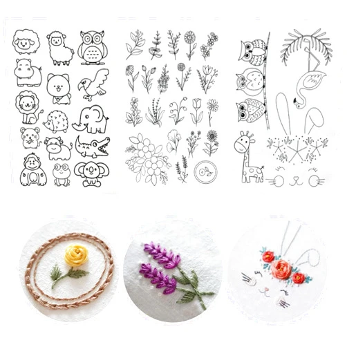KEIFIN 40 Pcs Water Soluble Embroidery Patterns 3 Sheets A4 Stick and Stitch Embroidery Designs Dissolvable Embroidery Transfer Patterns Paper Wash Away Pre-Printed Water Soluble Stabilizer for Embroidery