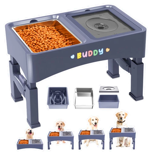 Decflow 3-in-1 Elevated Dog Bowls, 4 Height Adjustable Raised Dog Bowls with Stainless Steel Dog Food Bowls, Slow Feeder, No Spill Water Bowl, DIY Stickers Foldable Pet Bowl for Medium Large Dogs